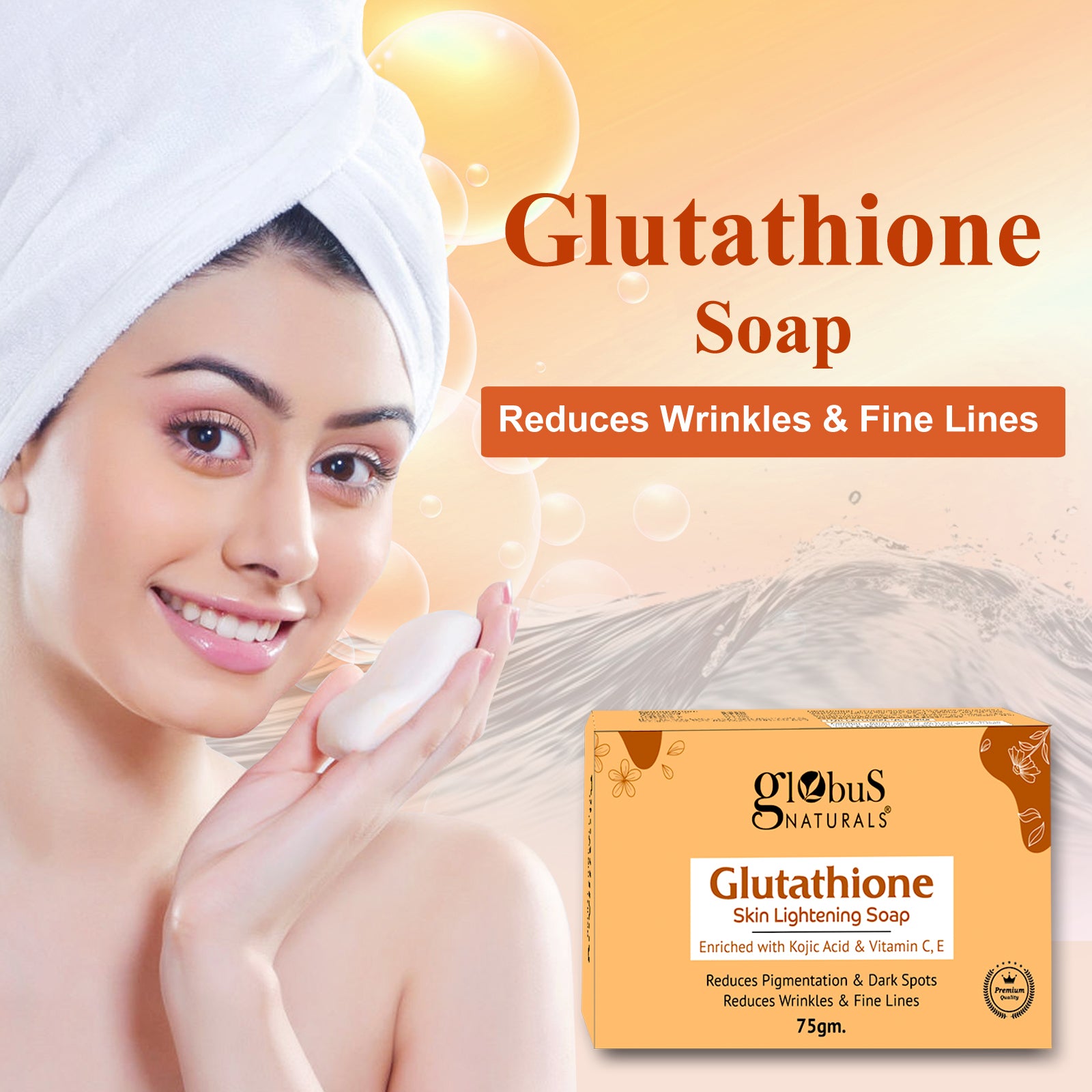 Glutathione Skin Lightening Soap 75gm with Kojic Acid & Vitamin C, E | Reduces Dark Spots, Wrinkles & Fine Lines Glutathione Skin Lightening Soap 75gm with Kojic Acid & Vitamin C, E | Reduces Dark Spots, Wrinkles & Fine Lines