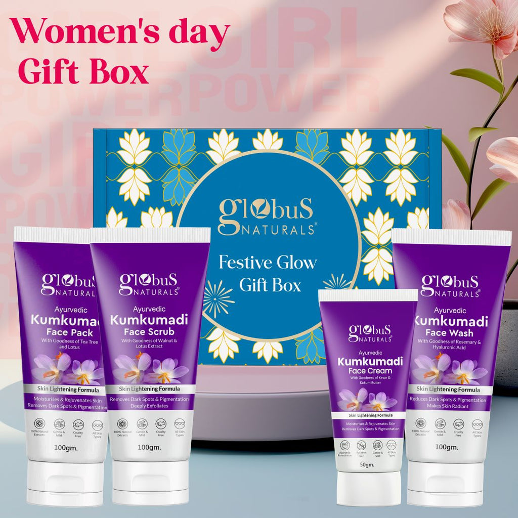 Globus Naturals Luxurious Women's Day Radiant Glow Kumkumadi Box Set of 4, Box includes - Kumkumadi Face Wash 100gm, Face Scrub 100gm Face Cream 50 gm & Face Pack 100gm