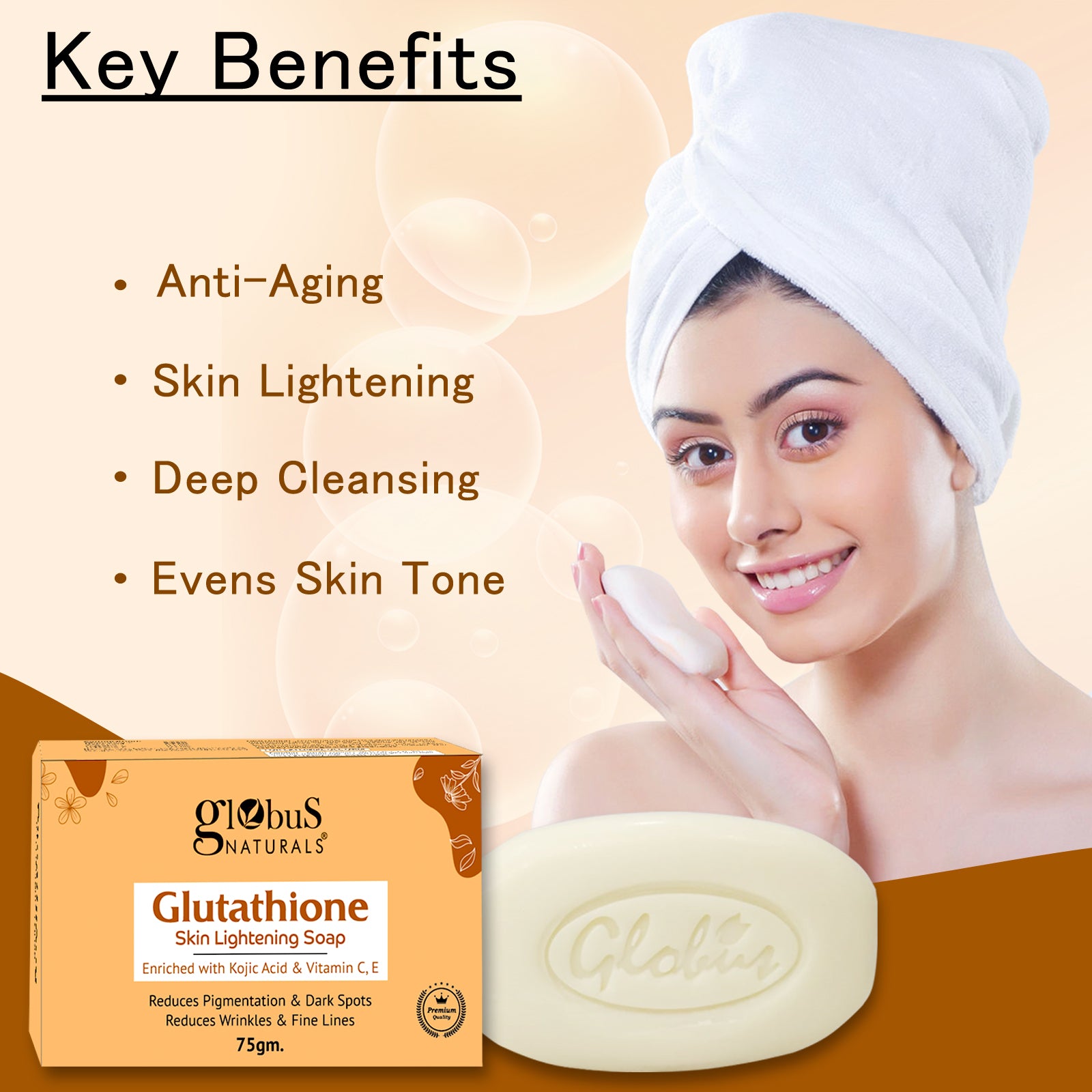 Glutathione Skin Lightening Soap 75gm with Kojic Acid & Vitamin C, E | Reduces Dark Spots, Wrinkles & Fine Lines Glutathione Skin Lightening Soap 75gm with Kojic Acid & Vitamin C, E | Reduces Dark Spots, Wrinkles & Fine Lines