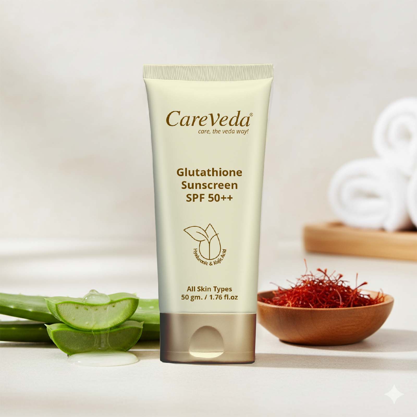 glutathione sunscreen CareVeda Glutathione Sunscreen SPF 50++ Enriched with Hyaluronic & Kojic  Acid For All Skin Types 50gm
