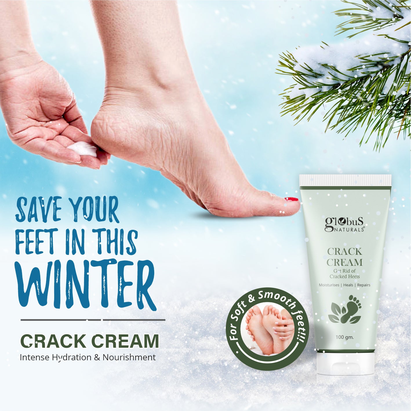 Globus Naturals Crack Cream for Dry Cracked Heels Feet Enriched with