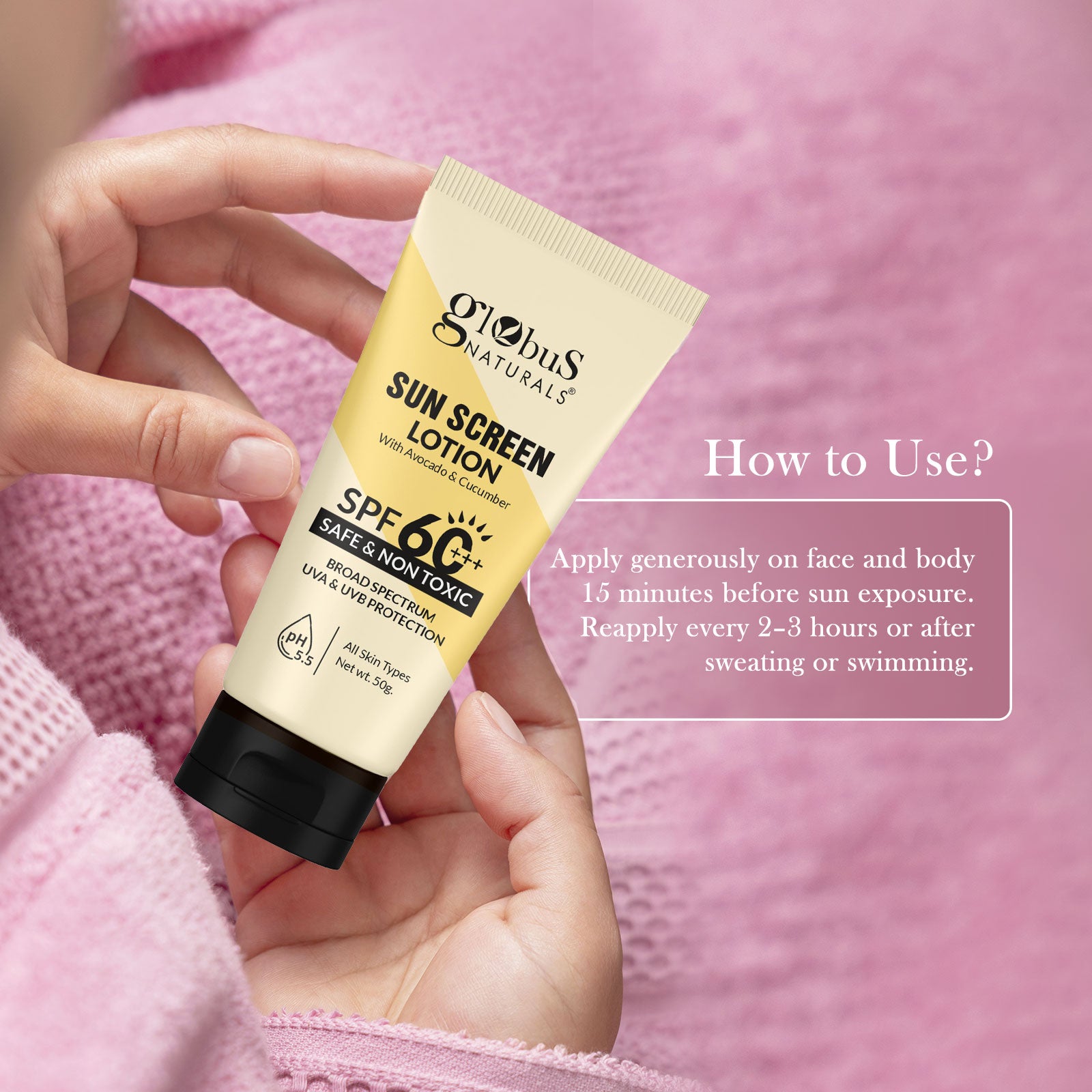 Globus Naturals Sunscreen Lotion SPF 60+++ Broad Spectrum UVA &amp; UVB Protection, Safe &amp; Non-Toxic 50gm