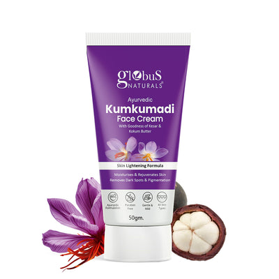 Globus Naturals Kumkumadi Ayurvedic Skin Lightening Face Cream in a 50g jar, showing the cream's smooth texture and packaging.
