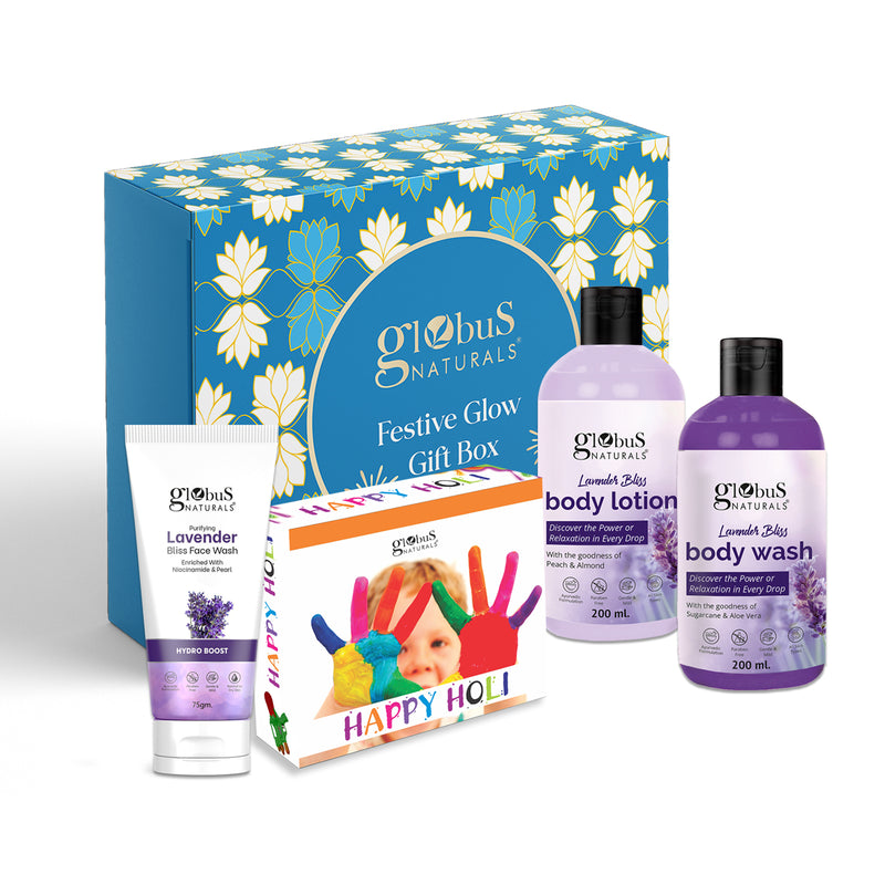 Globus Naturals Holi Glow Beauty Bundle Lavender Gift  Box Set of 3- Face Wash 75gm, Body Lotion 200ml, Body Wash 200ml