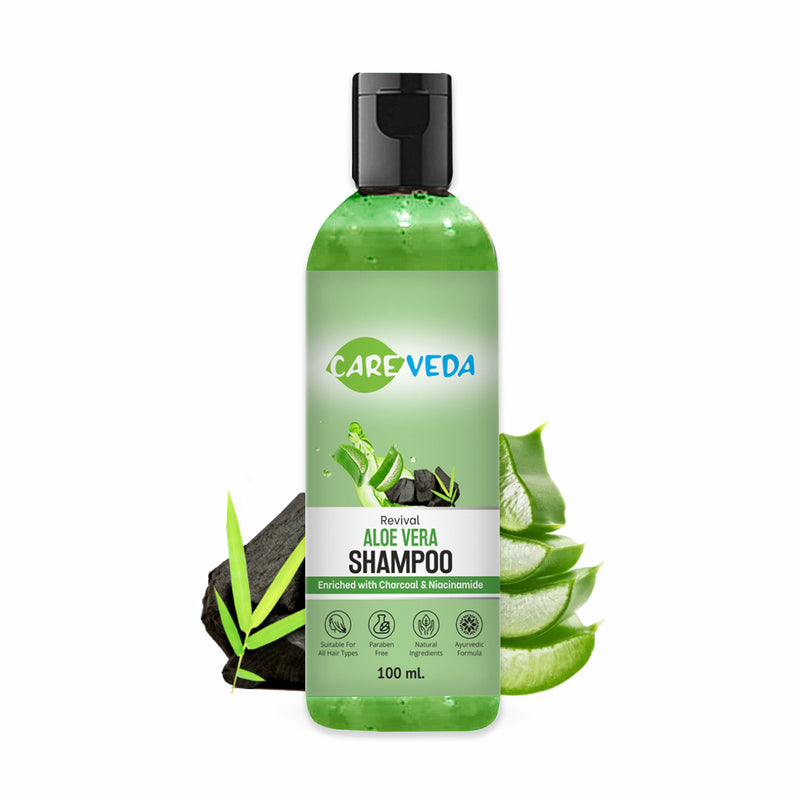 CareVeda Revival Aloe Vera Shampoo, Enriched with Charcoal & Niacinamide, For All Hair Types 100 ml