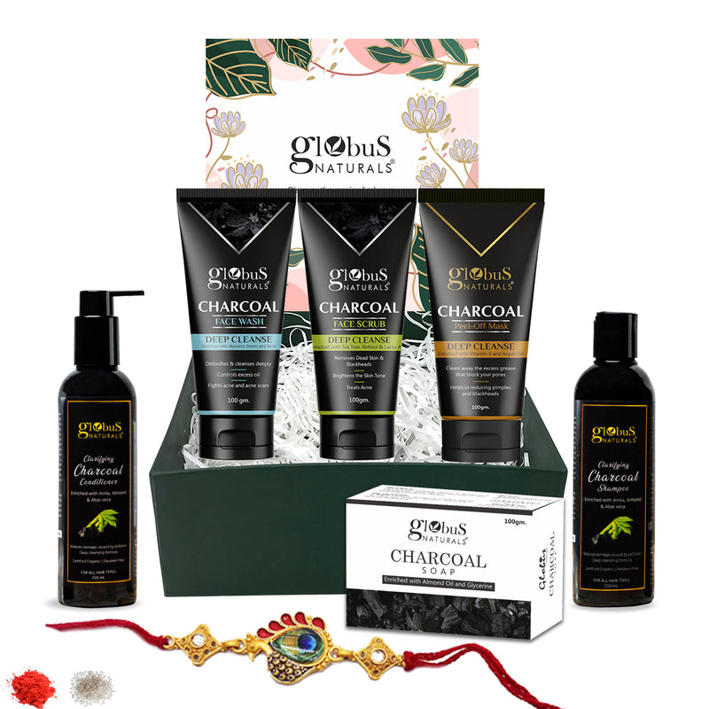 Globus Naturals Charcoal Detox Rakhi Gift Box - For Brother and Sister - Set of 6,  Face wash, Face Scrub, Face Peel Off Mask, Shampoo, Conditioner & Soap Bar