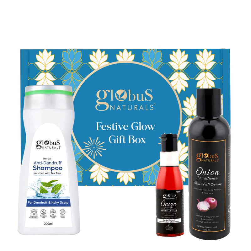 Globus Naturals Women's Day Silk Strand Selection Hair Care Gift Box Set of 3 - Box includes - Anti dandruff shampoo 200ml, Onion Hair Oil 100ml, Onion Conditioner 250ml