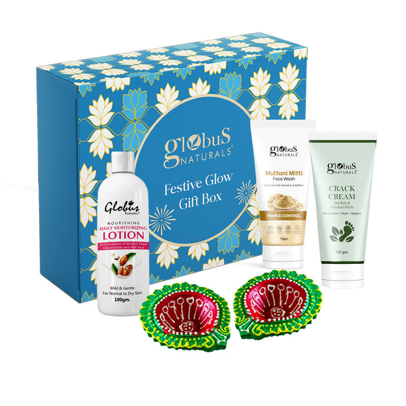 Globus Naturals Dazzling Diwali Gift Box Set of 3,  Daily Moisturising Body Lotion 100 ml, Crack Cream 100gm, Multani Mitti Face Wash 75gm