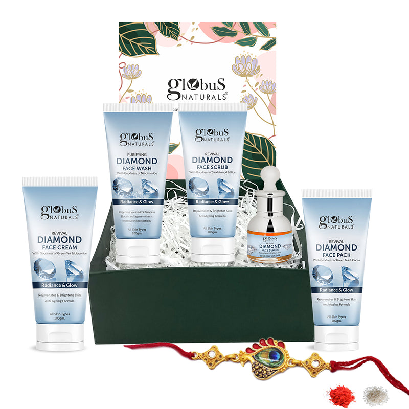 Globus Naturals Diamond Rakhi Gift Box For Brother & Sister  Set of 5,  Face Wash, Face Cream, Face Scrub, Face Pack, & Face Serum
