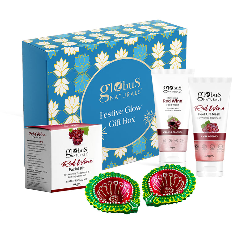 Globus Naturals Dazzling Diwali Gift Box Set of 3,  Red Wine Face Wash 75gm, Red Wine Facial Kit 40gm, Red Wine Peel off Mask 100gm
