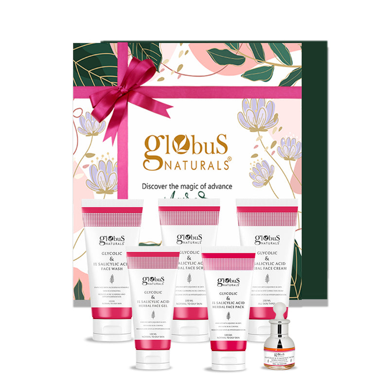 Globus Naturals Glycolic & 1% Salicylic Acid Gift Box - Set of 6, Face wash, Face Cream, Face Scrub, Face Pack, Face Gel & Face Serum