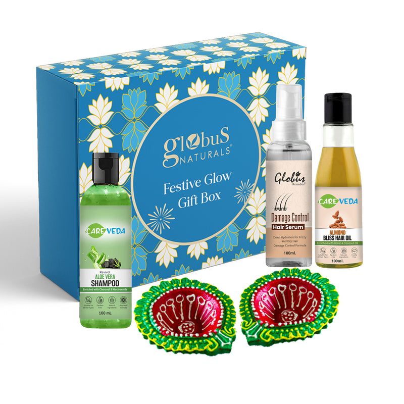 Globus Naturals Dazzling Diwali Gift Box Set of 3 Aloe Vera Shampoo 100 ml, Almond Bliss Hair Oil 100 ml, Damage Control Hair Serum 100 ml