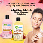 CareVeda Body Lotion Combo Set of 2 - Rose Delight 200 ml, Kesar Chandan 200 ml, For All Skin Types