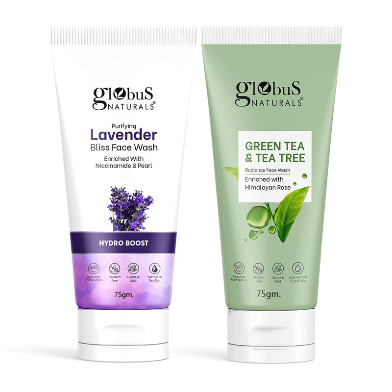Globus Naturals Face Care Combo- Hydro Boost Lavender &  Hydrate Skin Green Tea & Tea Tree Radiance Face Wash, Set of 2, 75gm