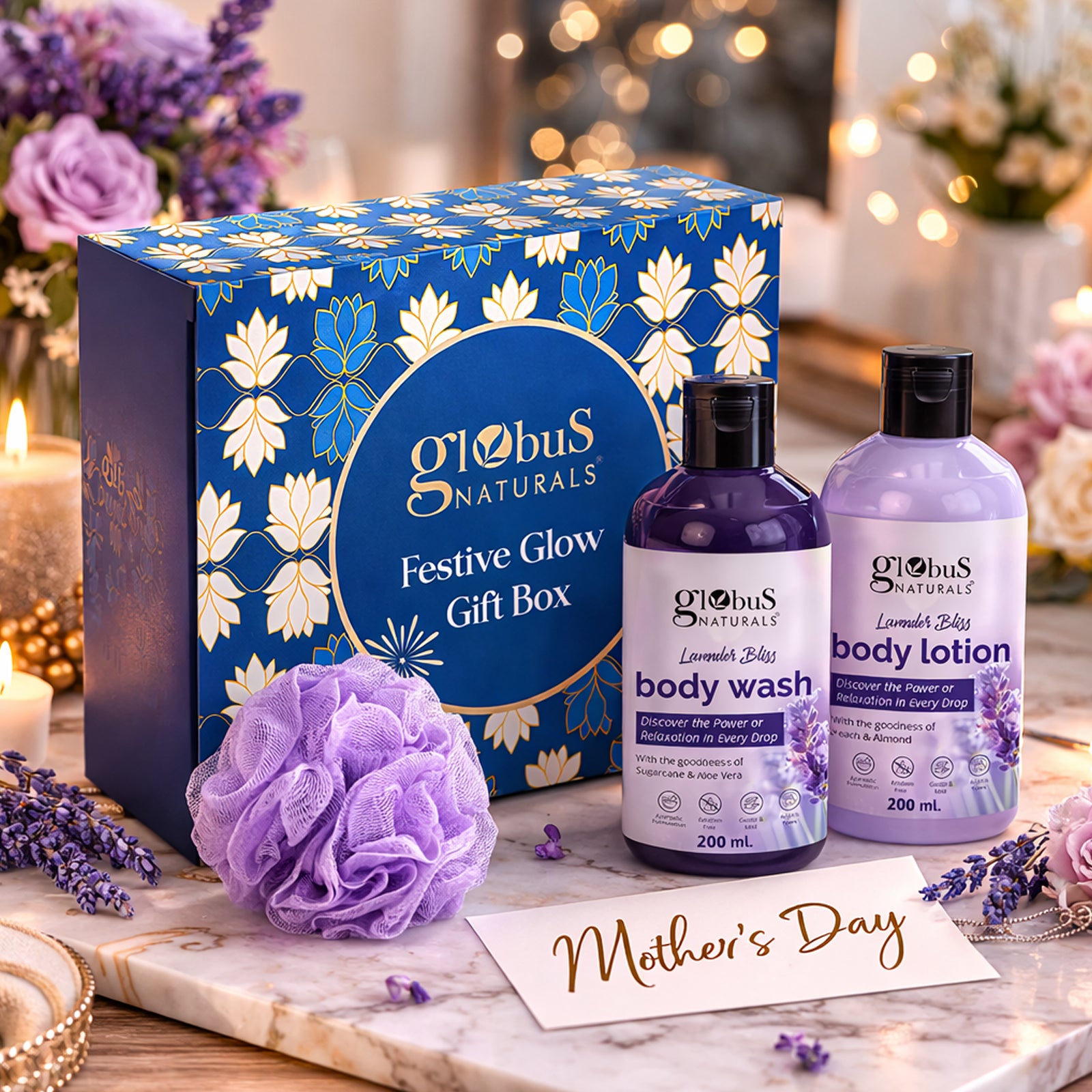 Globus Naturals Mother's Glow & Skin Nourishment gift set with lavender body lotion, body wash, and loofah for nourishing body care.