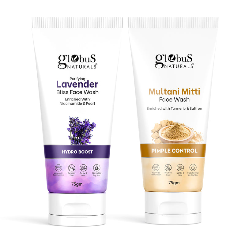 Globus Naturals Face Care Combo- Hydro Boost Lavender & Pimple Control Multani Mitti, Face Wash, Set of 2, 75gm