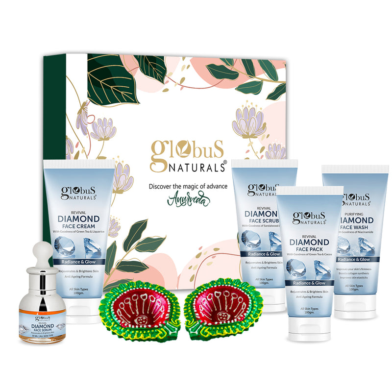 "Globus Naturals Revival Diamond Diwali Glow Gift Box, Set of 5 - Face Wash 100 gm, Face Scrub 100 gm, Face Cream 100 gm, Face Pack 100 gm, Face Serum 50 ml"