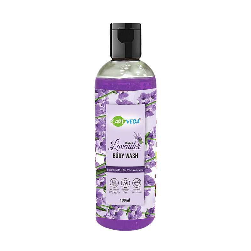 "CareVeda Herbal Lavender Body Wash  Enriched with Sugarcane and Aloe Vera Suitable for all skin types Paraben & Cruelty Free 100 ml"