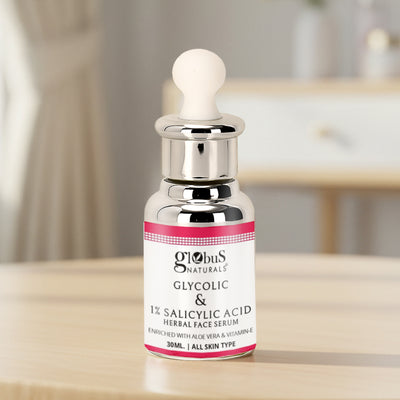 Globus Naturals Glycolic and Salicylic Acid Anti-Acne Face Serum for oily, acne-prone skin in a 30ml bottle with natural ingredients.