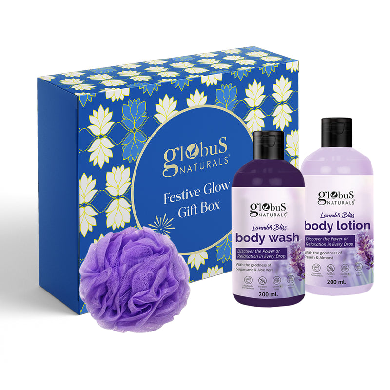 Globus Naturals Mother's Glow & Skin Nourishment Gift Box Set of 2- Lavender Body Lotion and Body Wash with loofah