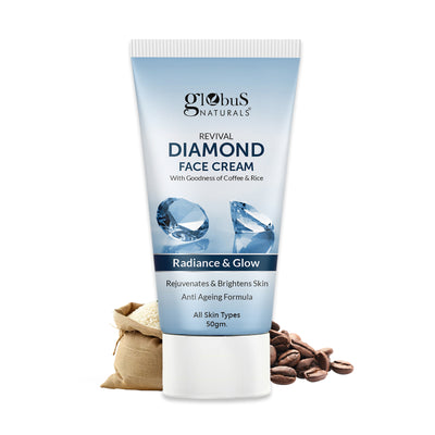 Globus Naturals Revival Diamond Face Cream for soft, glowing skin with natural, Ayurvedic formula, 50g jar, non-sticky texture.