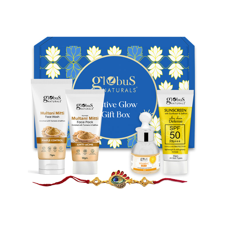 Globus Naturals Radiance Multani Mitti Rakhi Gift Box Set of 4 - Multani Mitti Face Wash 75g, Multani Mitti Face Pack 50g, Sunscreen 50 gm & Vitamin C Face Serum 30 ml