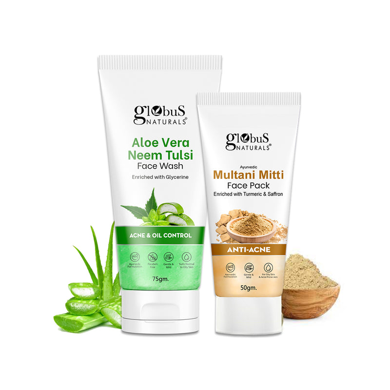 Globus Naturals Face Care Combo Set of 2- Aloe Vera Face Wash 75gm and Multani Mitti Face Pack 50 gm