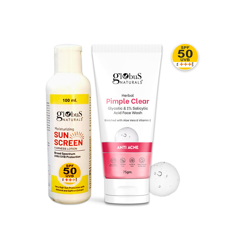 Globus Naturals Summer Sizzle Set - Sunscreen Lotion SPF 50++ 100 ml & Herbal Pimple Clear Face Wash 75 gm