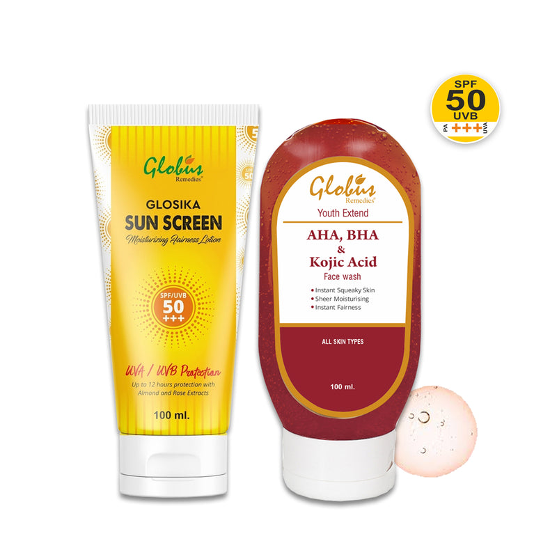 Globus Remedies Summer Sizzle Set - Glosika Sunscreen Lotion SPF 50++ 100 ml & AHA BHA Face Wash 100 ml