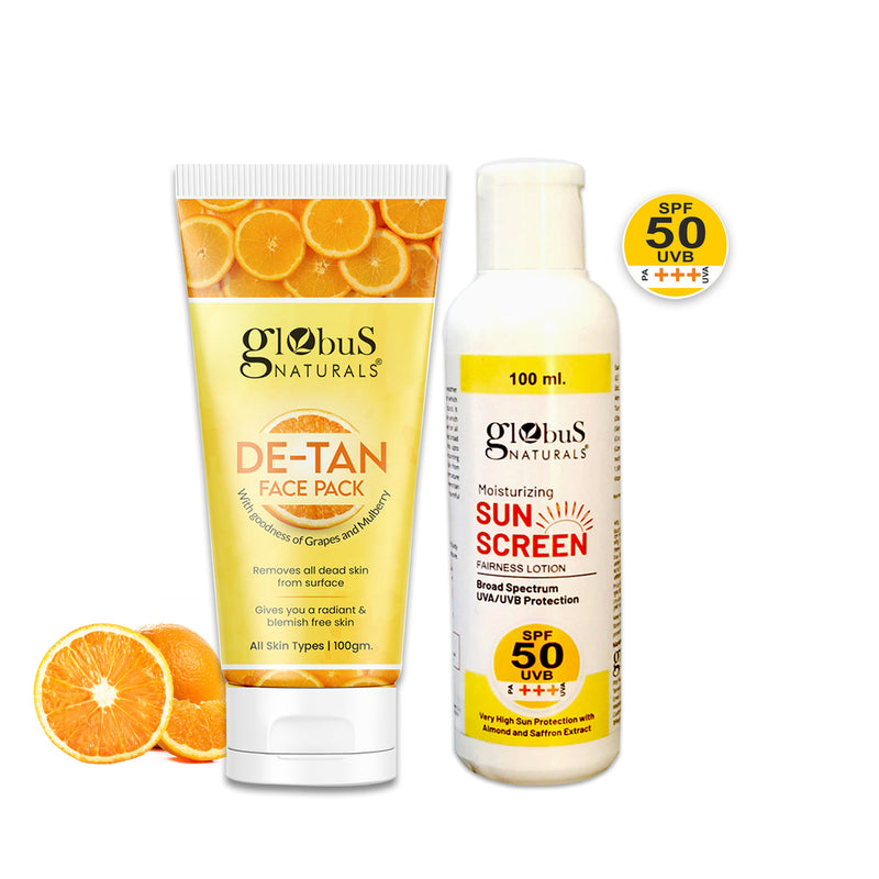 Globus Naturals Summer Sizzle Set - Sunscreen Lotion SPF 50++ 100 ml & De Tan Face Pack 100 gm