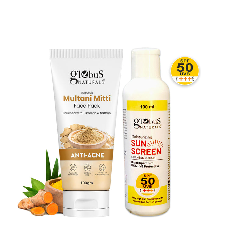 Globus Naturals Summer Sizzle Set - Sunscreen Lotion SPF 50++ 100 ml & Multani Mitti Face Pack 100 gm