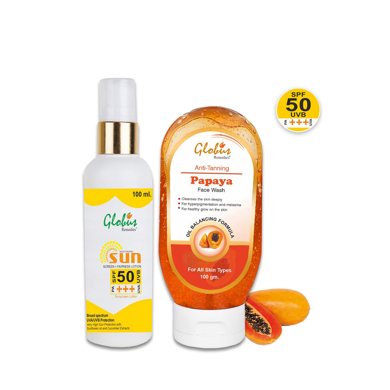 Globus Remedies Summer Sizzle Set - Sunscreen Lotion SPF 50++ 100 ml & Papaya Face Wash 100 ml