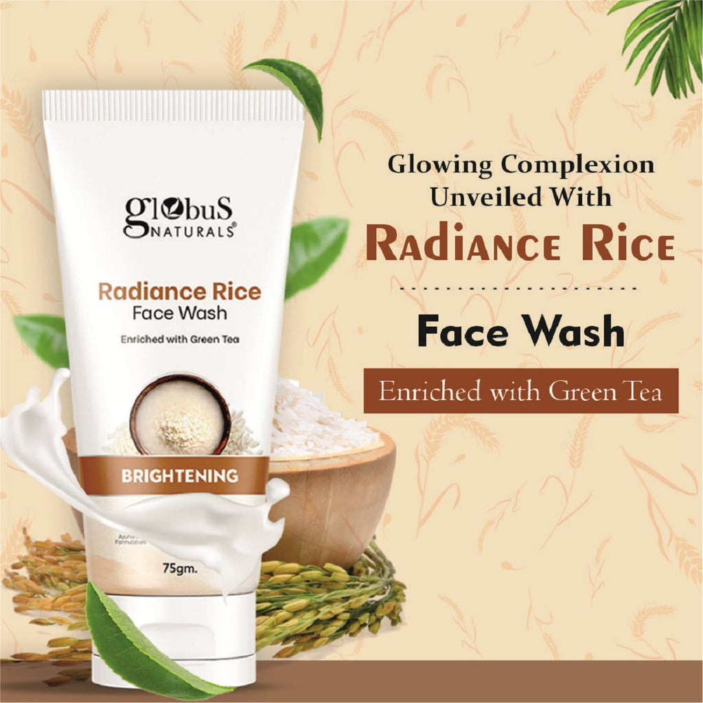 Globus Naturals Radiance Rice Face Wash, Enriched With Green Tea, For Skin Brightening, Suitable For All Skin Types, 75 gm