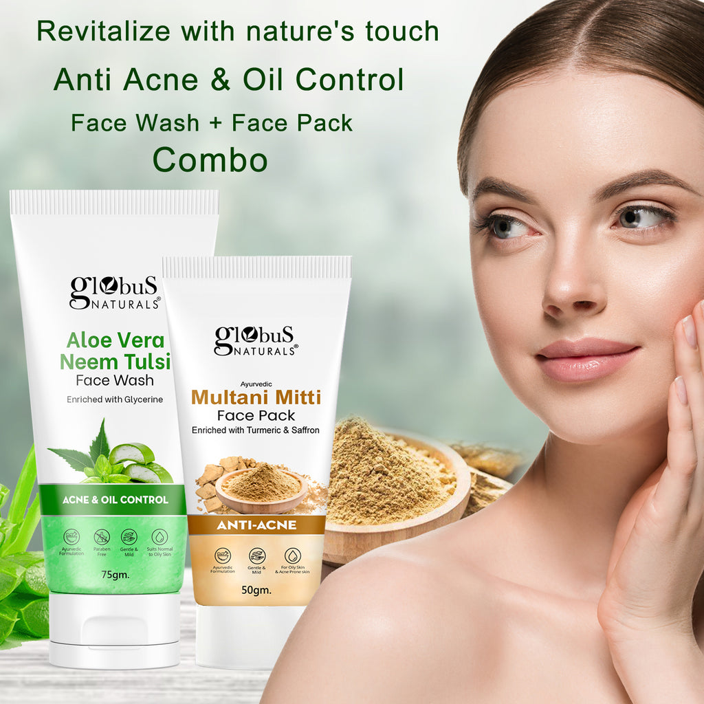 Globus Naturals Face Care Combo Set of 2- Aloe Vera Face Wash 75gm and Multani Mitti Face Pack 50 gm
