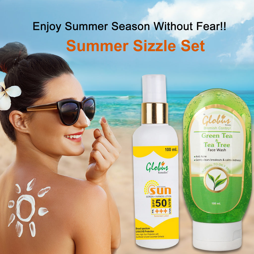 Globus Remedies Summer Sizzle Set - Sunscreen Lotion SPF 50++ 100 ml & Green Tea & Tea Tree Face Wash 100 ml