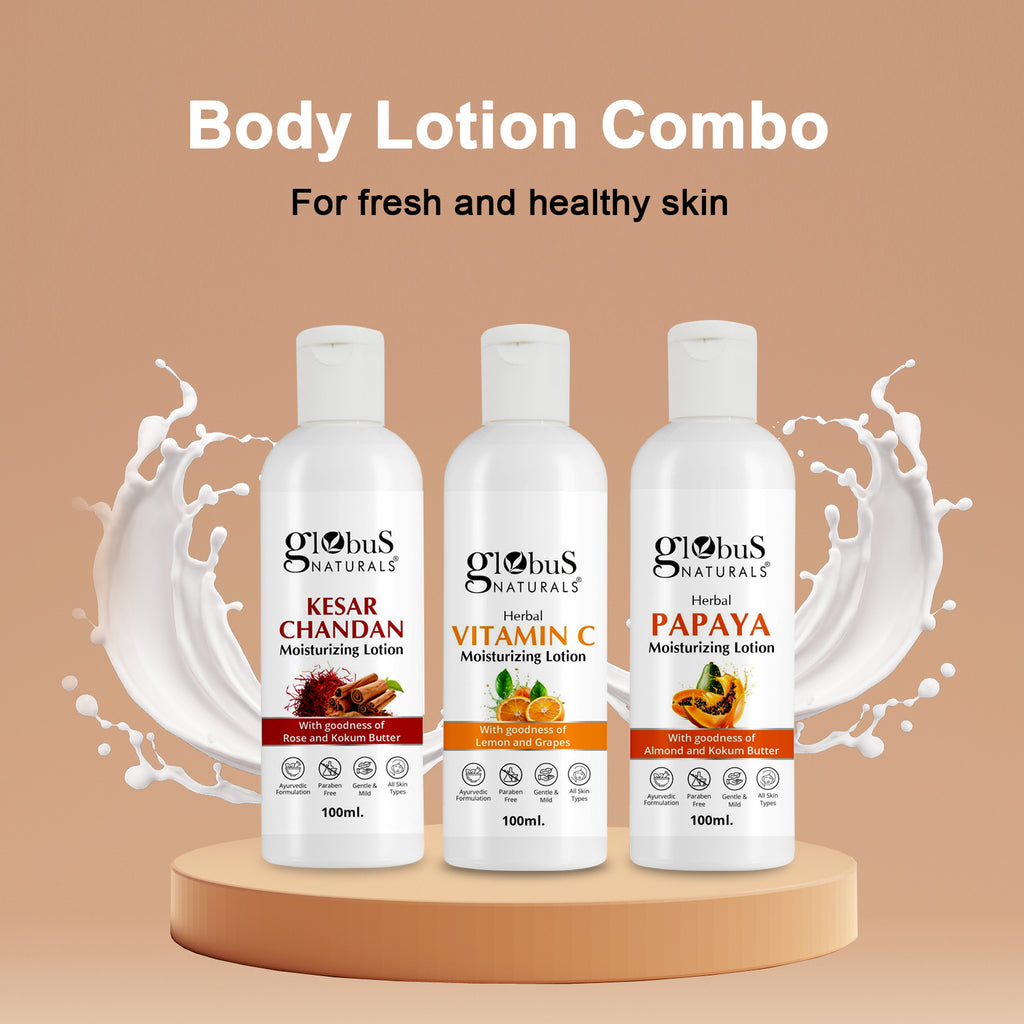 Body Lotion Combo Set of 3, Kesar Chandan, Vitamin C & Papaya Body Lotion, 300ml