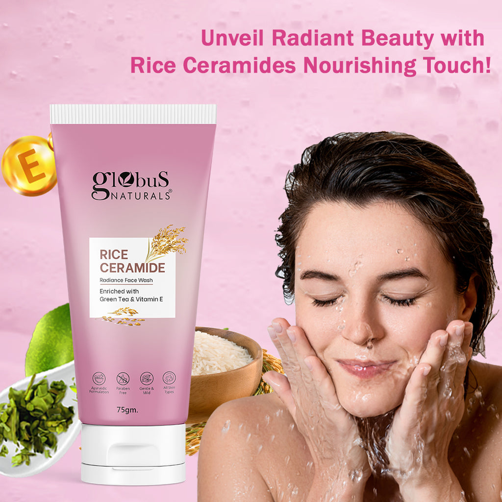 Globus Naturals Rice Ceramide Radiance Face Wash, Enriched with Green Tea & Vitamin E, Ayurvedic Preparation, Paraben Free, Gentle & Mild, Suitable For All Skin Types, 75 gm