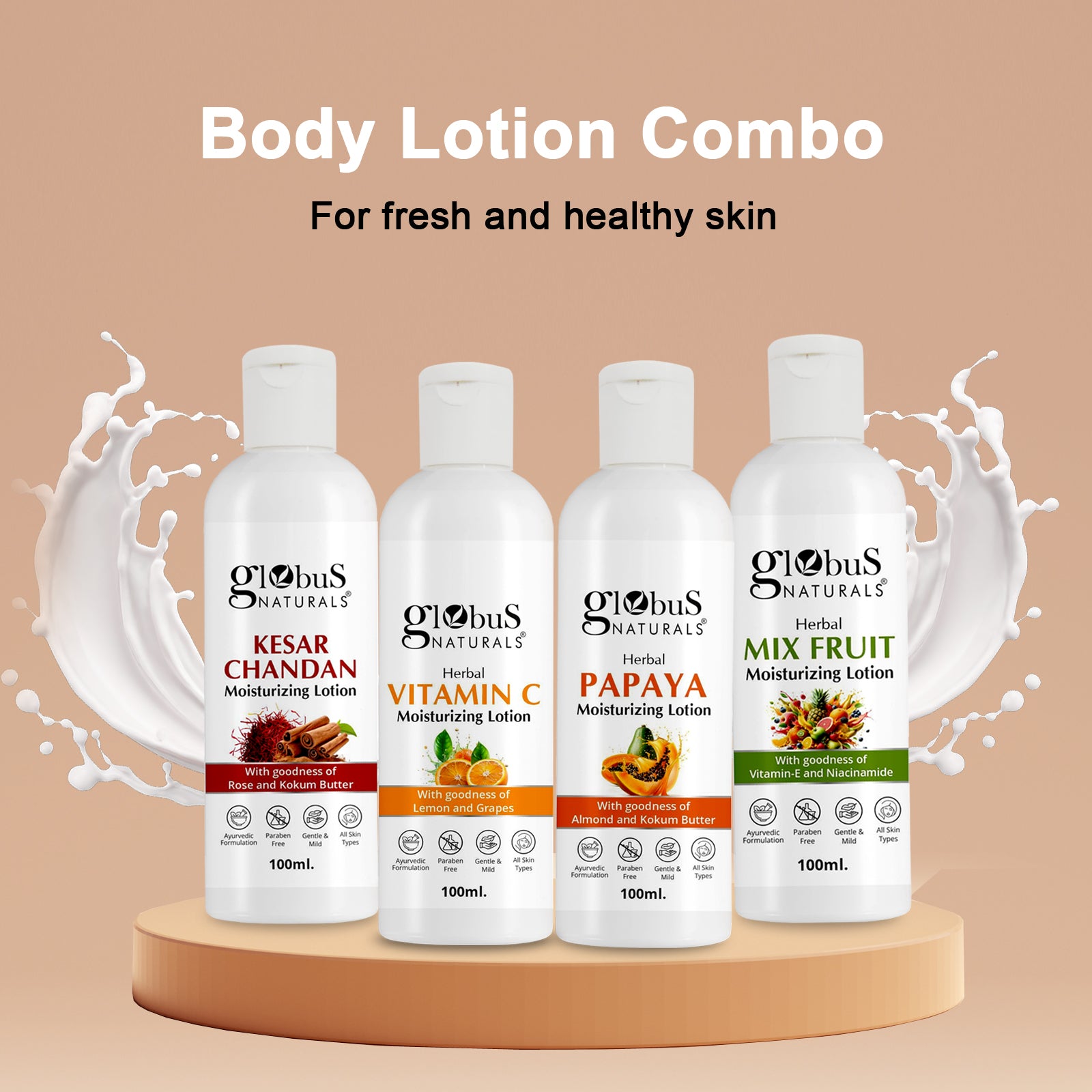 Body Lotion Combo Set of 4, Kesar Chandan, Vitamin C &amp; Mix Fruit, Papaya Body Lotion, 400ml