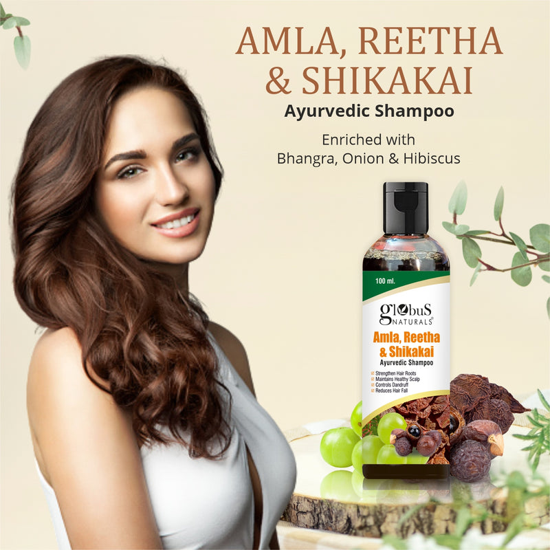 Globus Naturals Amla Reetha Shikakai Shampoo, Natural & Mild Hair Cleanser, For for Healthy Hair and Scalp, Suitable For All Hair Types 100 ml