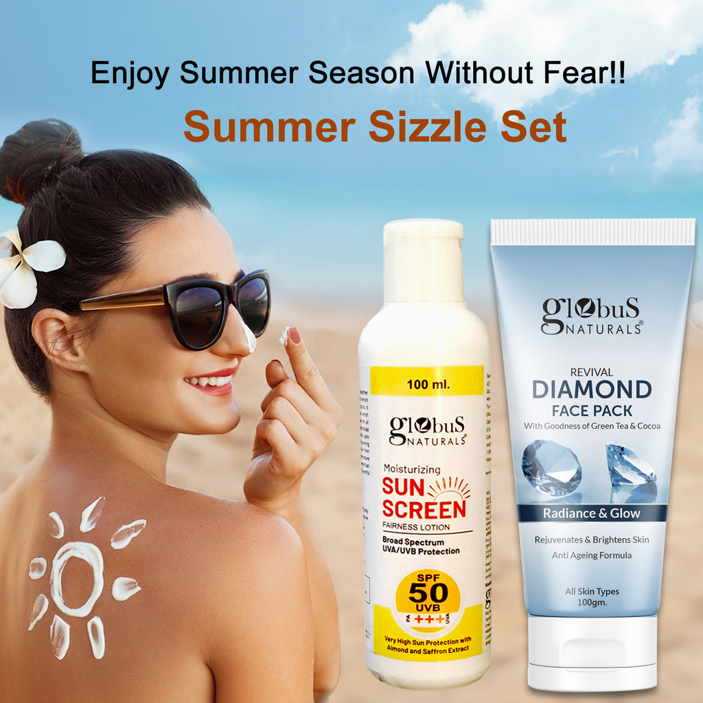 Globus Naturals Summer Sizzle Set - Sunscreen Lotion SPF 50++ 100 ml & Diamond Face Pack 100 gm