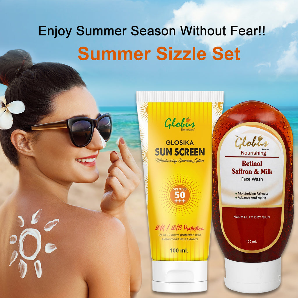 Globus Remedies Summer Sizzle Set - Glosika Sunscreen Lotion SPF 50++ 100 ml & Retinol Saffron Milk Face Wash 100 ml