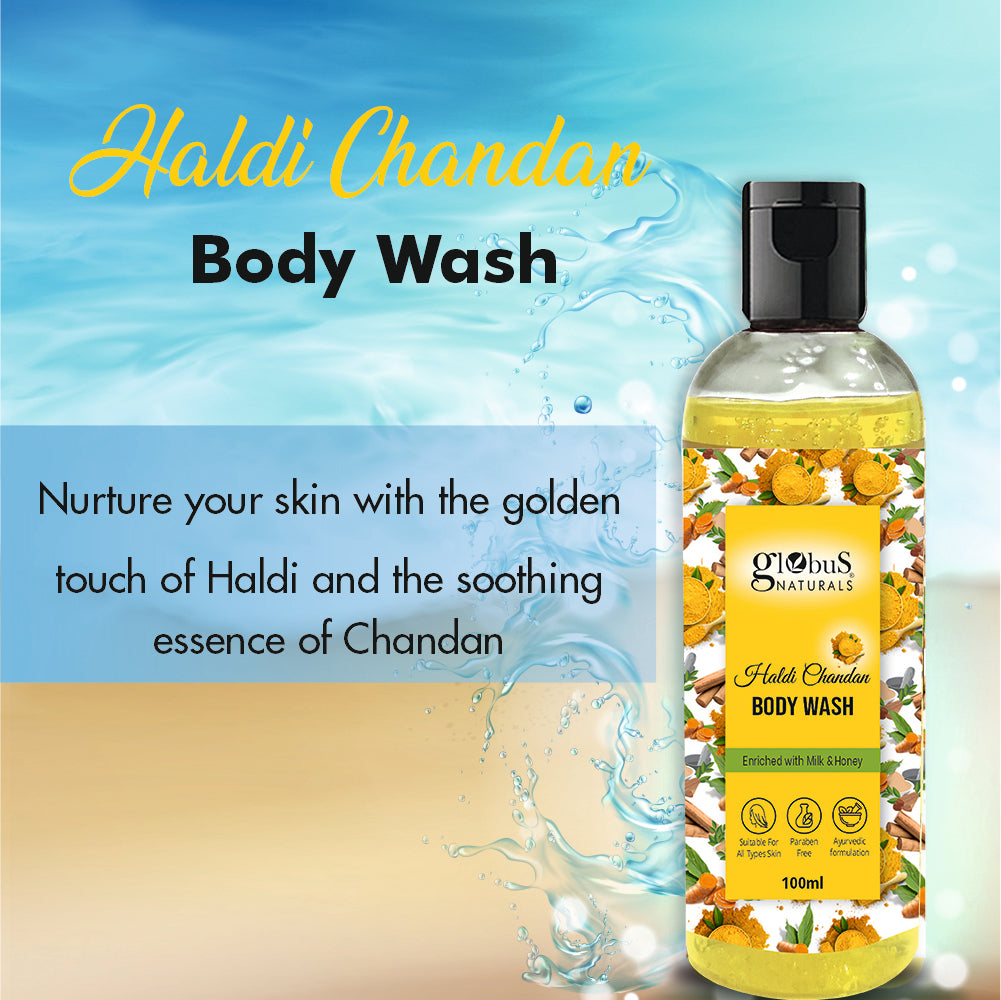 Globus Naturals Haldi Chandan Body Wash  Enriched with Enriched with Milk and Honey Suitable for all skin types Paraben & Cruelty Free 100 ml"