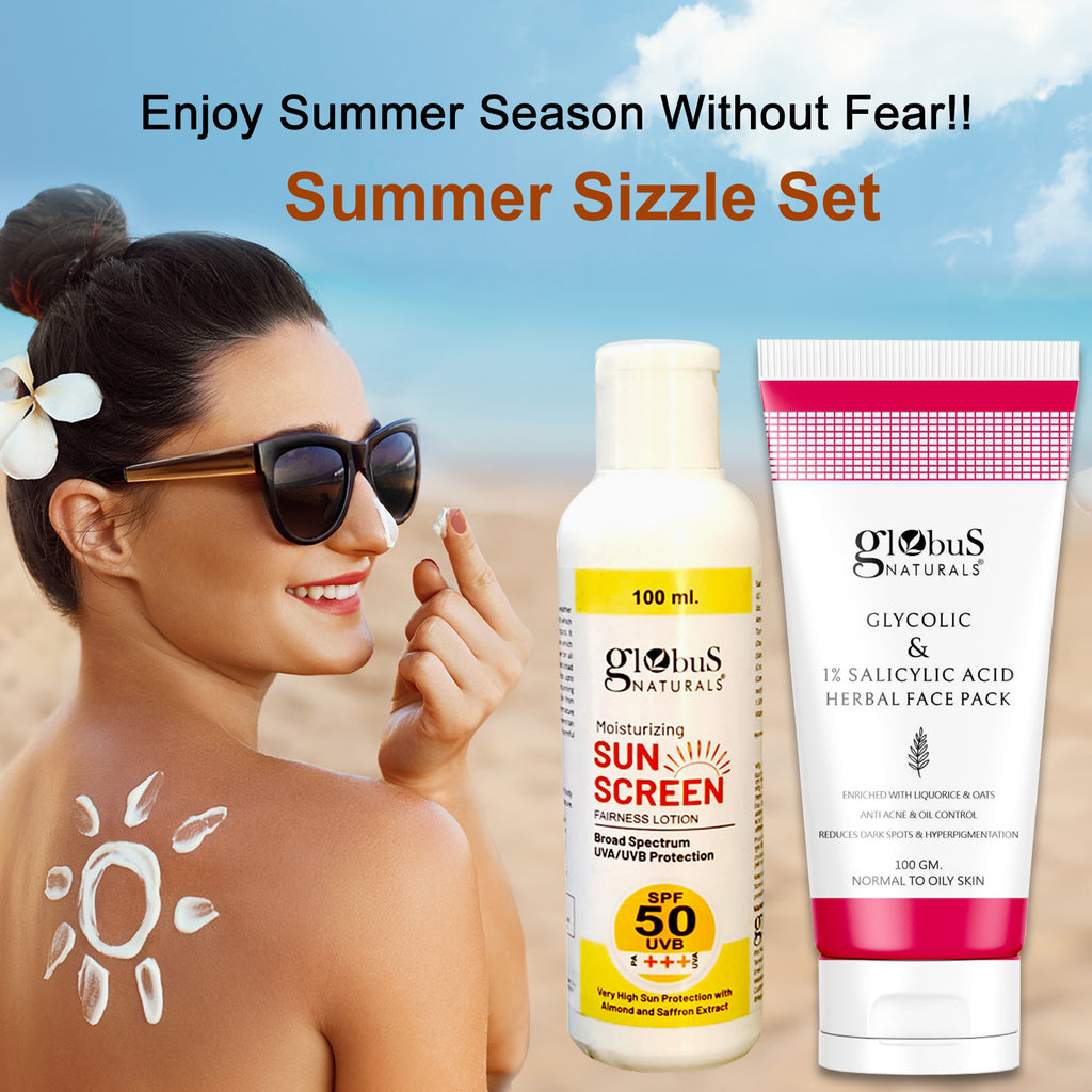 Globus Naturals Summer Sizzle Set - Sunscreen Lotion SPF 50++ 100 ml & Glycolic Face Pack 100 gm
