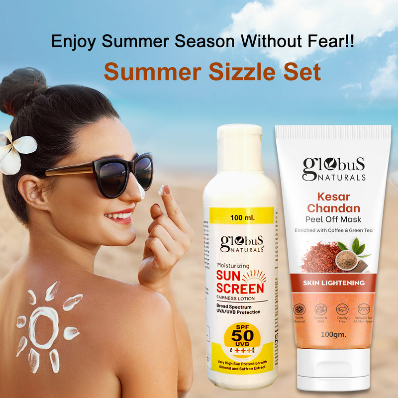 Globus Naturals Summer Sizzle Set - Sunscreen Lotion SPF 50++ 100 ml & Kesar Chandan Peel Off Mask 100 gm