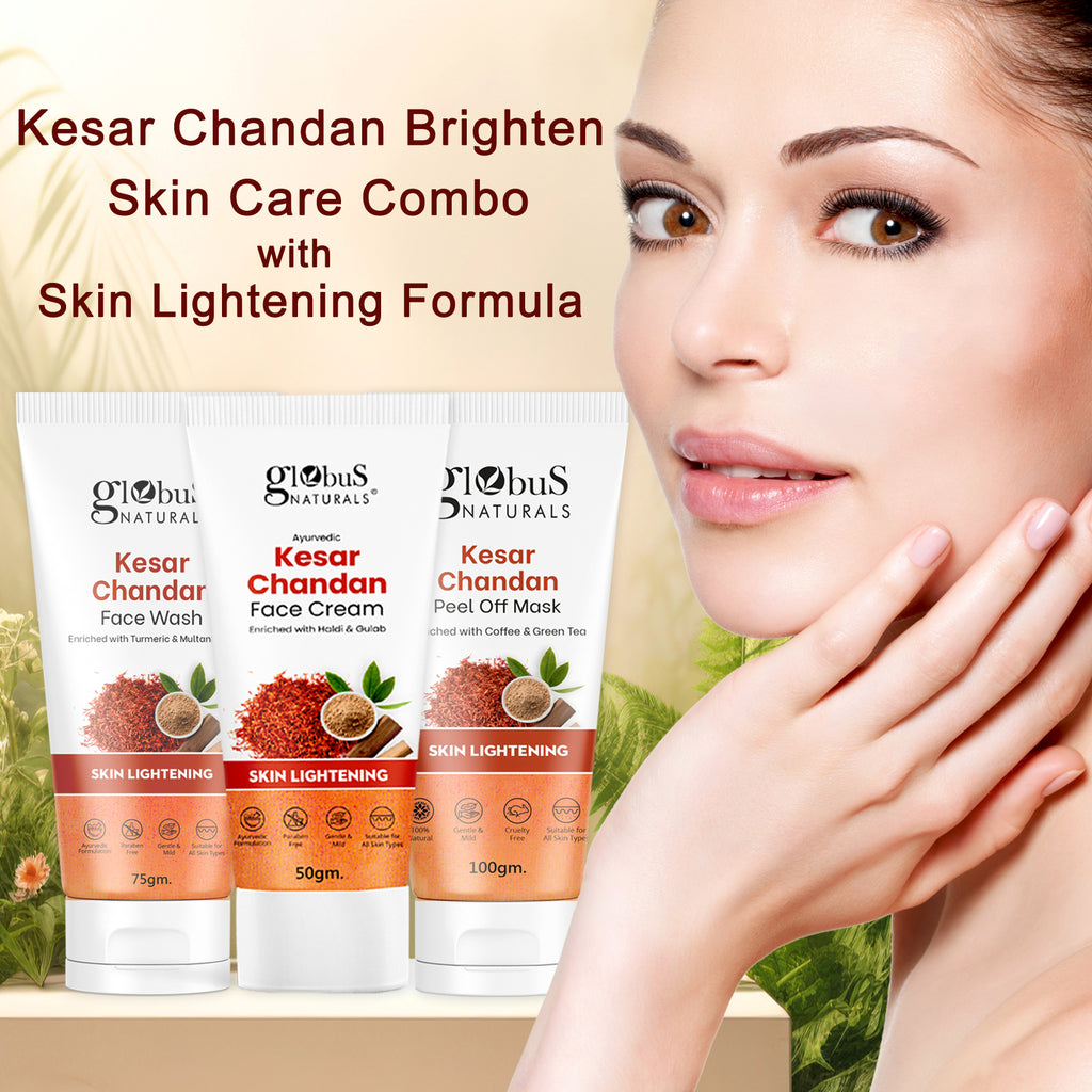 Globus Naturals Kesar Chandan Brighten Skin Care Face Care Combo-Face Wash, Face Cream, Peel off Mask Set of 3