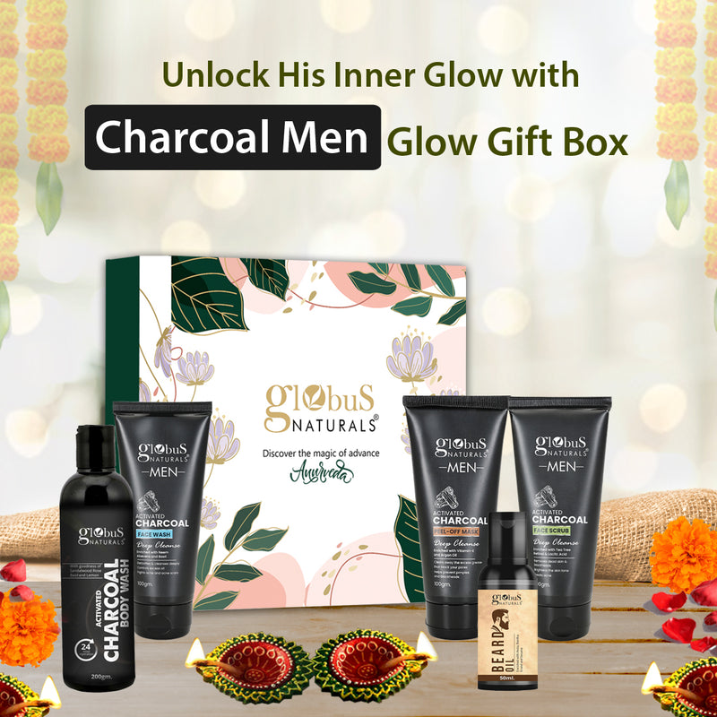 Globus Naturals Charcoal Men Diwali Glow Gift Box (big) Set of 5 - Face wash 100 gm, Face scrub 100 gm, Peel Off Mask 100 gm, Beard oil 50 ml, Body wash 200 ml "