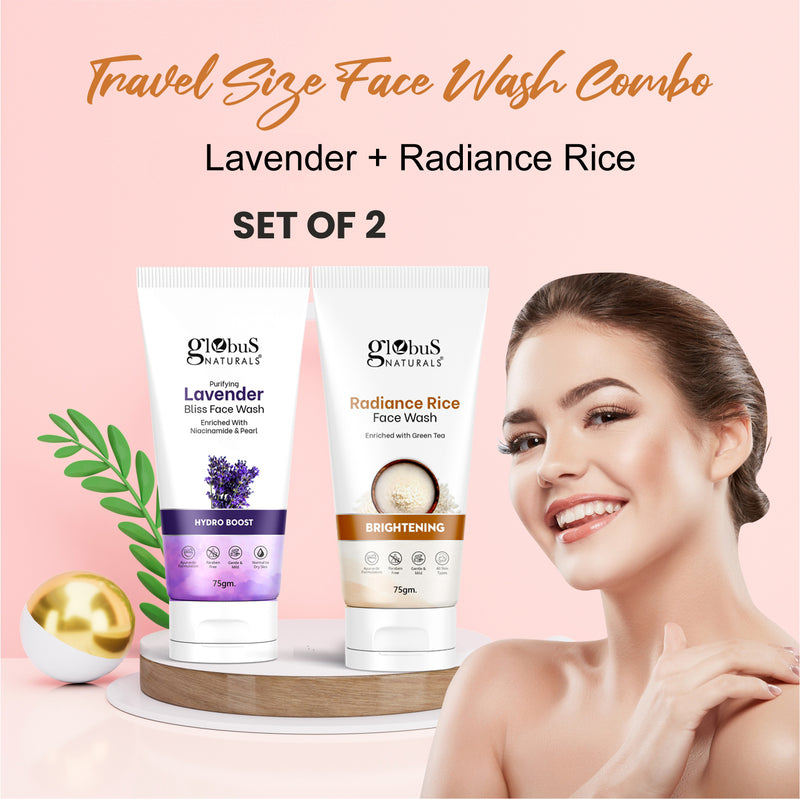 Globus Naturals Face Care Combo- Hydro Boost Lavender & Skin Brightening Radiance Rice, Face Wash Set of 2, 75gm