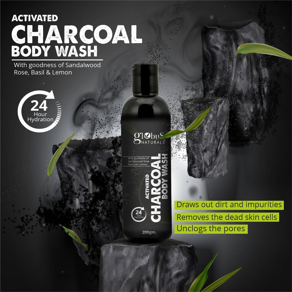 Globus Naturals Activated Charcoal Body Wash For Deep Cleansing & Refreshing, With Rose & Basil, Natural & Ayurvedic Formula, Chemical Free, Cruelty Free, For All Skin Types, 200 gms