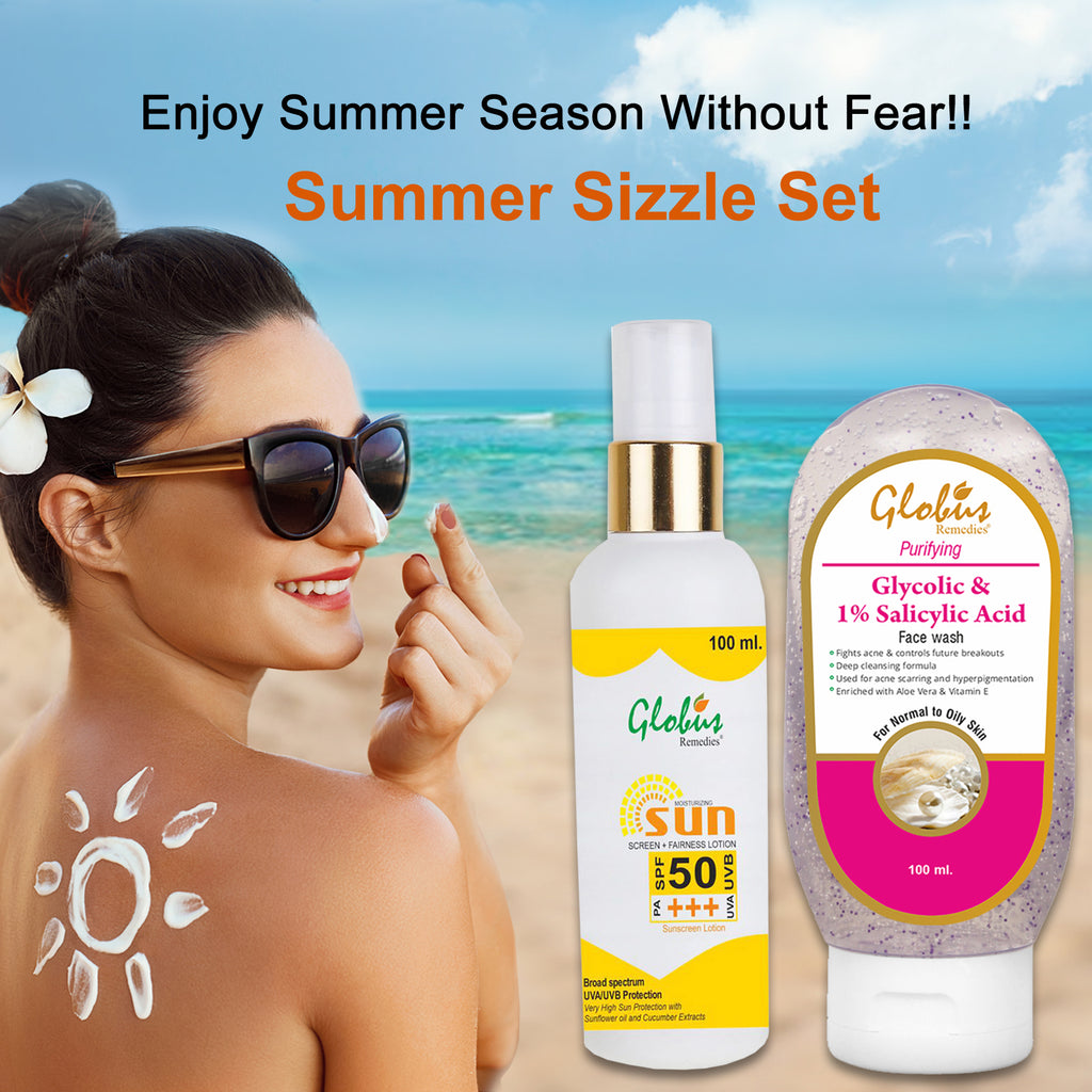 Globus Remedies Summer Sizzle Set - Sunscreen Lotion SPF 50++ 100 ml & Glycolic & 1% Salicylic Acid Face Wash 100 ml