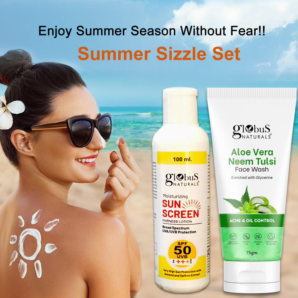 Globus Naturals Summer Sizzle Set - Sunscreen Lotion SPF 50++ 100 ml & Aloe Vera Neem Tulsi Face Wash 75 gm